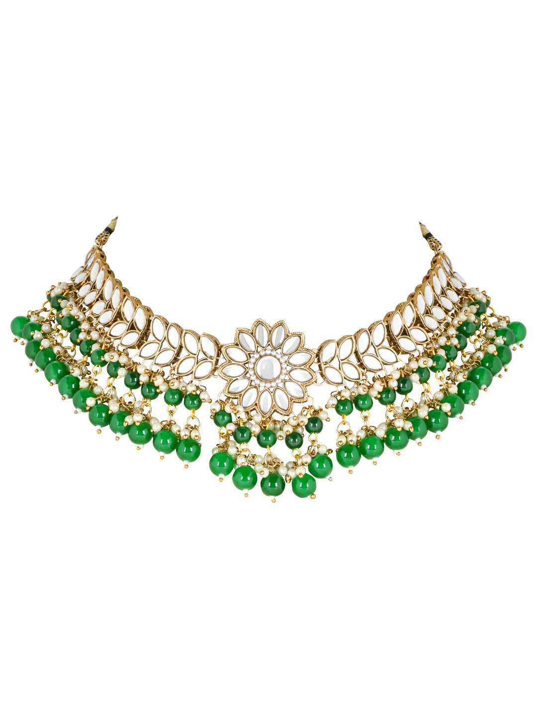 Women's 18K Gold Plated Traditional Kundan Studded Green Pearl Hanging Choker Necklace Jewellery Set With Earrings & Maang Tikka
