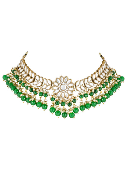 Women's 18K Gold Plated Traditional Kundan Studded Green Pearl Hanging Choker Necklace Jewellery Set With Earrings & Maang Tikka