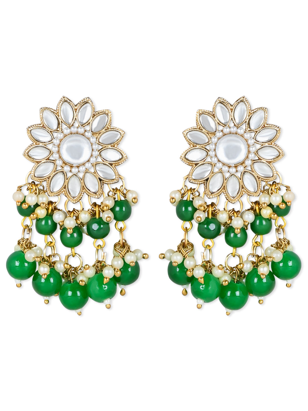 Women's 18K Gold Plated Traditional Kundan Studded Green Pearl Hanging Choker Necklace Jewellery Set With Earrings & Maang Tikka