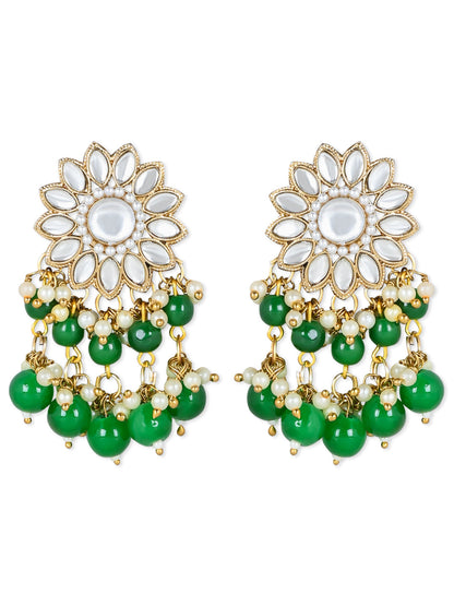 Women's 18K Gold Plated Traditional Kundan Studded Green Pearl Hanging Choker Necklace Jewellery Set With Earrings & Maang Tikka