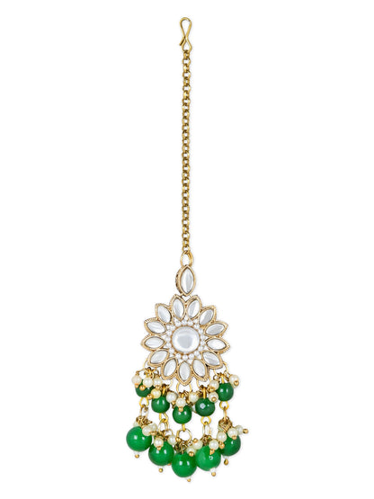 Women's 18K Gold Plated Traditional Kundan Studded Green Pearl Hanging Choker Necklace Jewellery Set With Earrings & Maang Tikka
