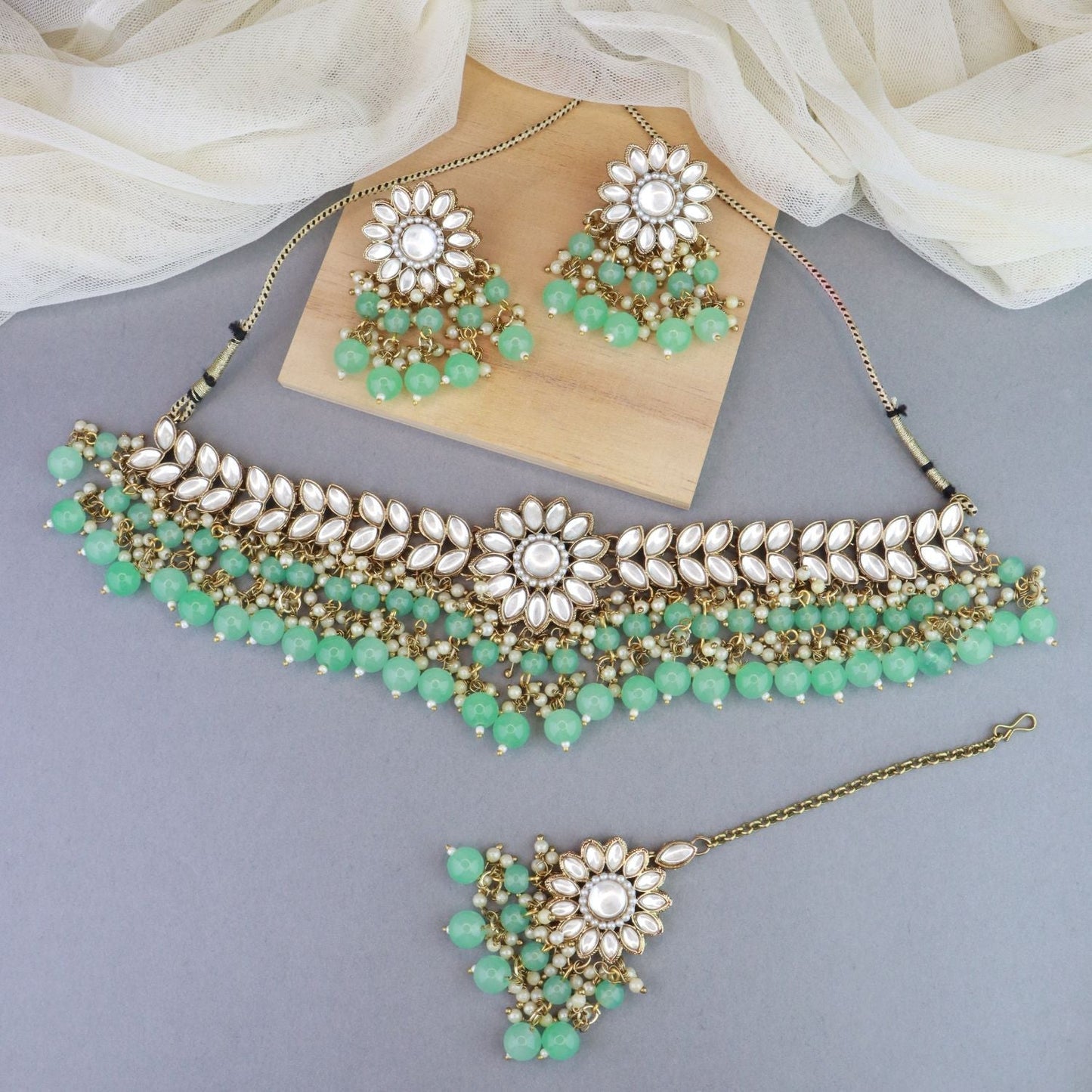 Women's 18K Gold Plated Traditional Kundan Studded Mint Pearl Hanging Choker Necklace Jewellery Set With Earrings & Maang Tikka