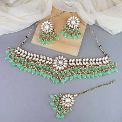 Women's 18K Gold Plated Traditional Kundan Studded Mint Pearl Hanging Choker Necklace Jewellery Set With Earrings & Maang Tikka