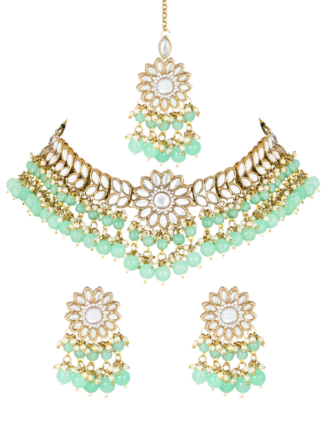 Women's 18K Gold Plated Traditional Kundan Studded Mint Pearl Hanging Choker Necklace Jewellery Set With Earrings & Maang Tikka