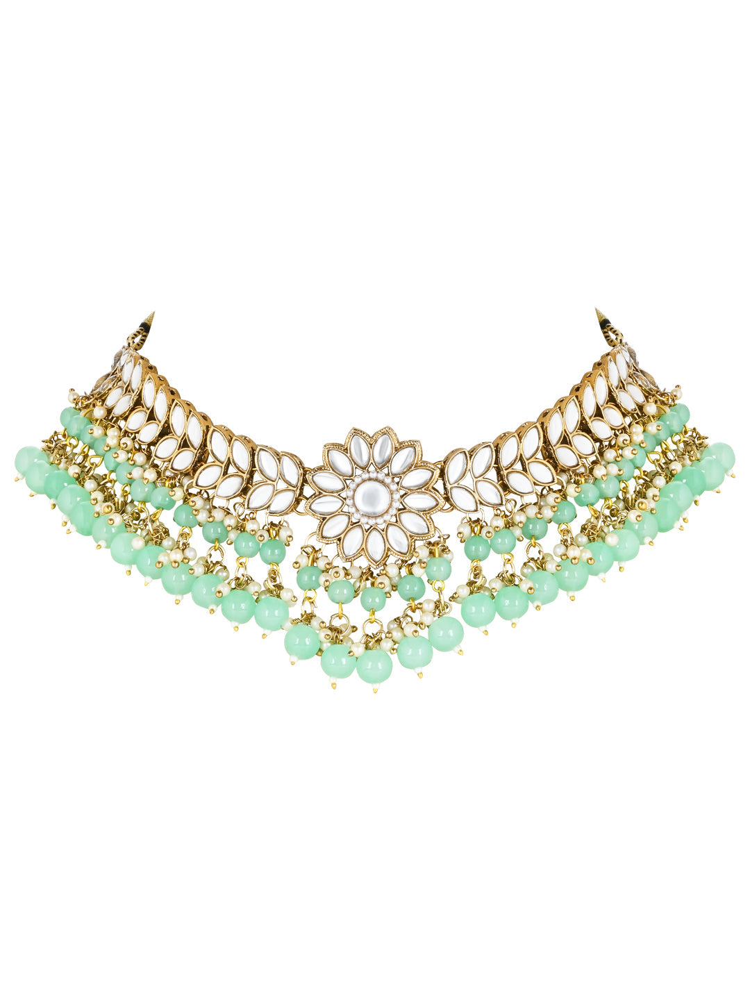 Women's 18K Gold Plated Traditional Kundan Studded Mint Pearl Hanging Choker Necklace Jewellery Set With Earrings & Maang Tikka