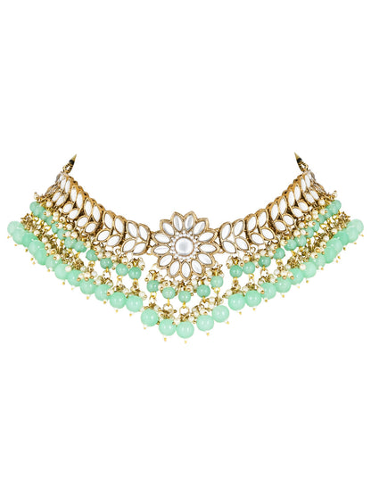 Women's 18K Gold Plated Traditional Kundan Studded Mint Pearl Hanging Choker Necklace Jewellery Set With Earrings & Maang Tikka
