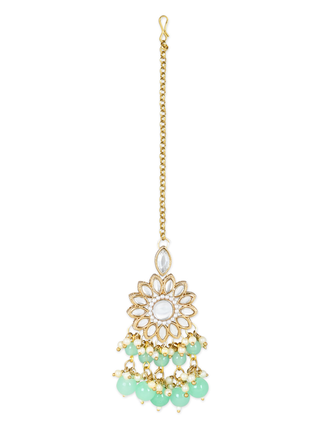 Women's 18K Gold Plated Traditional Kundan Studded Mint Pearl Hanging Choker Necklace Jewellery Set With Earrings & Maang Tikka