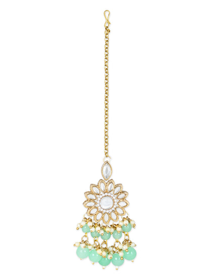Women's 18K Gold Plated Traditional Kundan Studded Mint Pearl Hanging Choker Necklace Jewellery Set With Earrings & Maang Tikka