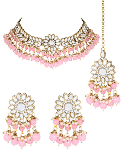Women's 18K Gold Plated Traditional Kundan Studded Pink Pearl Hanging Choker Necklace Jewellery Set With Earrings & Maang Tikka