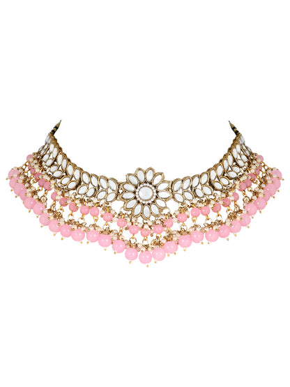 Women's 18K Gold Plated Traditional Kundan Studded Pink Pearl Hanging Choker Necklace Jewellery Set With Earrings & Maang Tikka