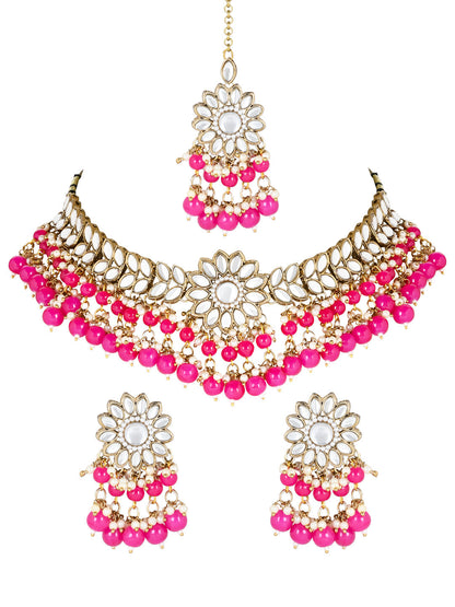 Women's 18K Gold Plated Traditional Kundan Studded Pearl Hanging Choker Necklace Jewellery Set With Earrings & Maang Tikka