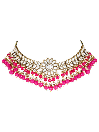 Women's 18K Gold Plated Traditional Kundan Studded Pearl Hanging Choker Necklace Jewellery Set With Earrings & Maang Tikka