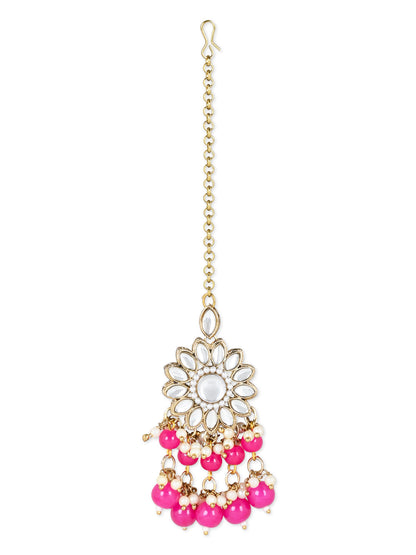Women's 18K Gold Plated Traditional Kundan Studded Pearl Hanging Choker Necklace Jewellery Set With Earrings & Maang Tikka