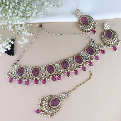 Women's 18k Gold Plated Traditional Pearl Kundan & Stone Studded Jewellery Necklace Set with Maang Tikka