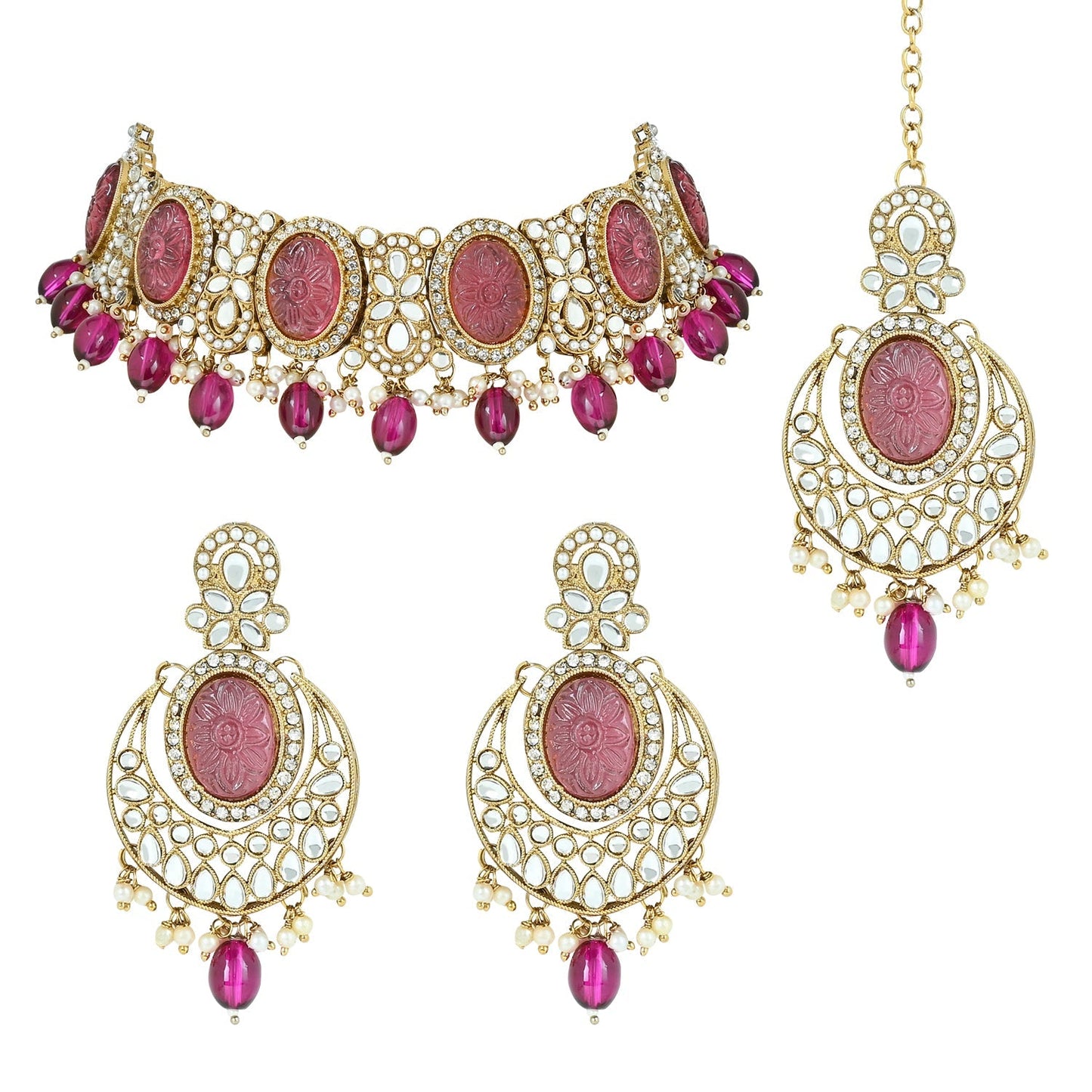 Women's 18k Gold Plated Traditional Pearl Kundan & Stone Studded Jewellery Necklace Set with Maang Tikka