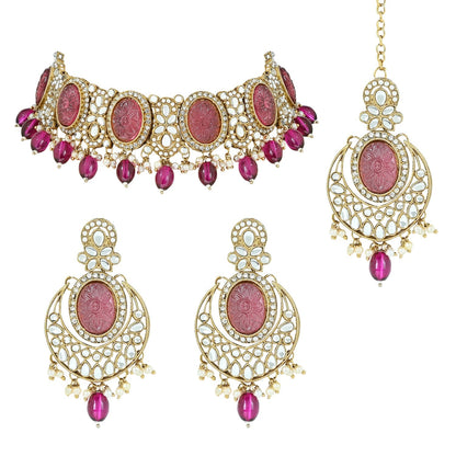 Women's 18k Gold Plated Traditional Pearl Kundan & Stone Studded Jewellery Necklace Set with Maang Tikka