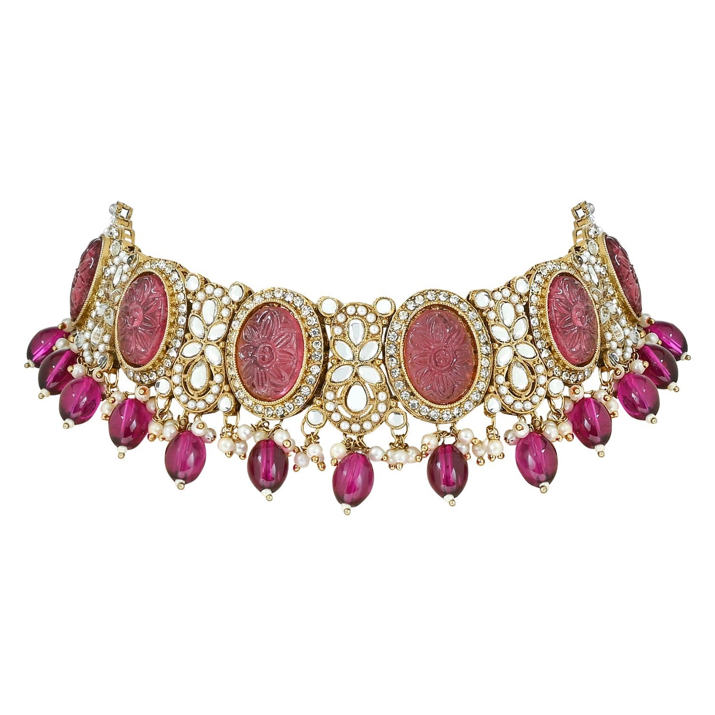 Women's 18k Gold Plated Traditional Pearl Kundan & Stone Studded Jewellery Necklace Set with Maang Tikka