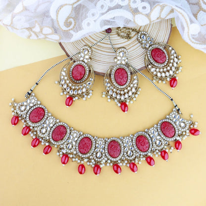 Women's 18k Gold Plated Traditional Red Pearl Kundan & Stone Studded Jewellery Necklace Set with Maang Tikka