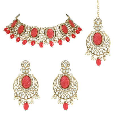 Women's 18k Gold Plated Traditional Red Pearl Kundan & Stone Studded Jewellery Necklace Set with Maang Tikka