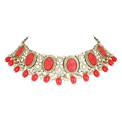 Women's 18k Gold Plated Traditional Red Pearl Kundan & Stone Studded Jewellery Necklace Set with Maang Tikka