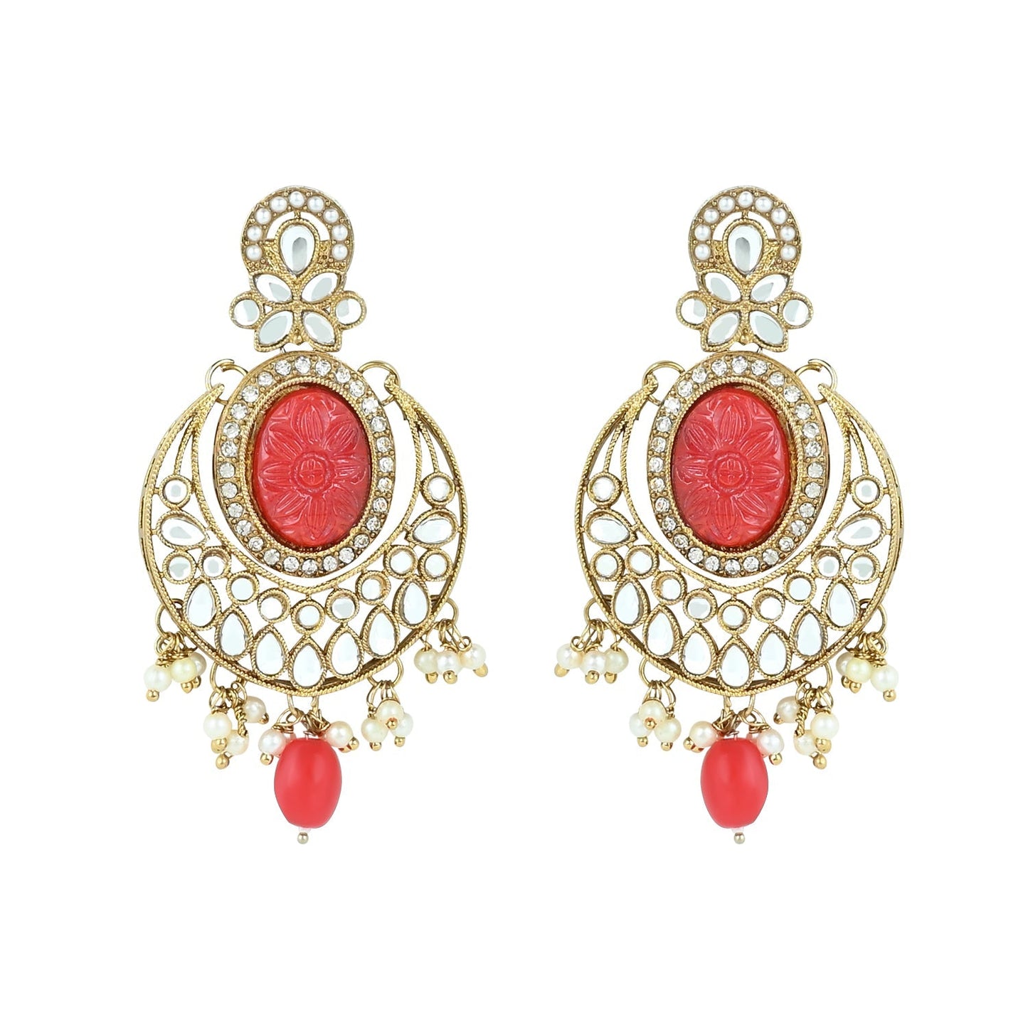 Women's 18k Gold Plated Traditional Red Pearl Kundan & Stone Studded Jewellery Necklace Set with Maang Tikka
