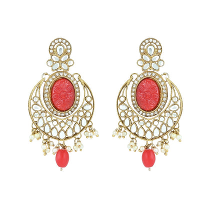 Women's 18k Gold Plated Traditional Red Pearl Kundan & Stone Studded Jewellery Necklace Set with Maang Tikka