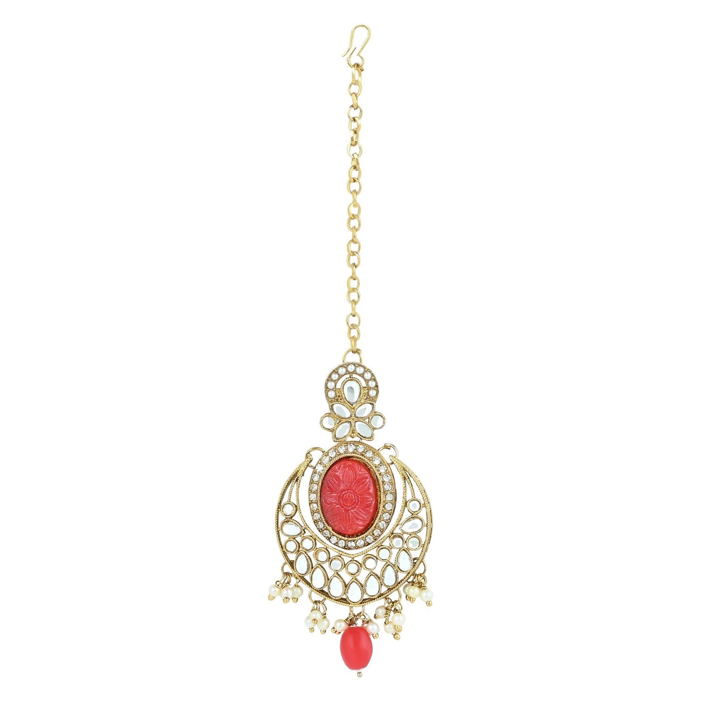 Women's 18k Gold Plated Traditional Red Pearl Kundan & Stone Studded Jewellery Necklace Set with Maang Tikka