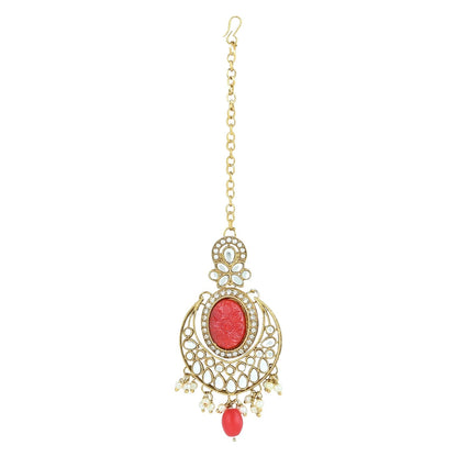 Women's 18k Gold Plated Traditional Red Pearl Kundan & Stone Studded Jewellery Necklace Set with Maang Tikka