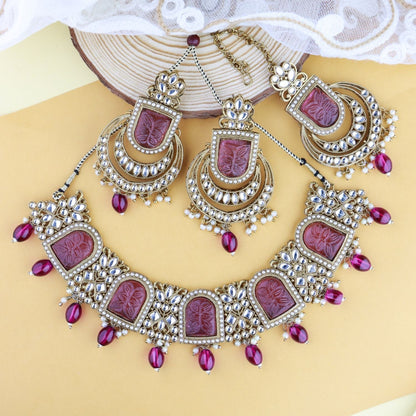 Women's 18k Gold Plated Traditional Pearl Kundan & Stone Studded Jewellery Necklace Set with Maang Tikka