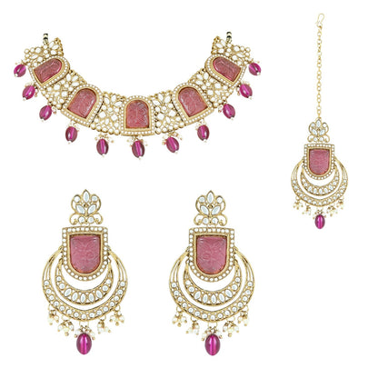 Women's 18k Gold Plated Traditional Pearl Kundan & Stone Studded Jewellery Necklace Set with Maang Tikka