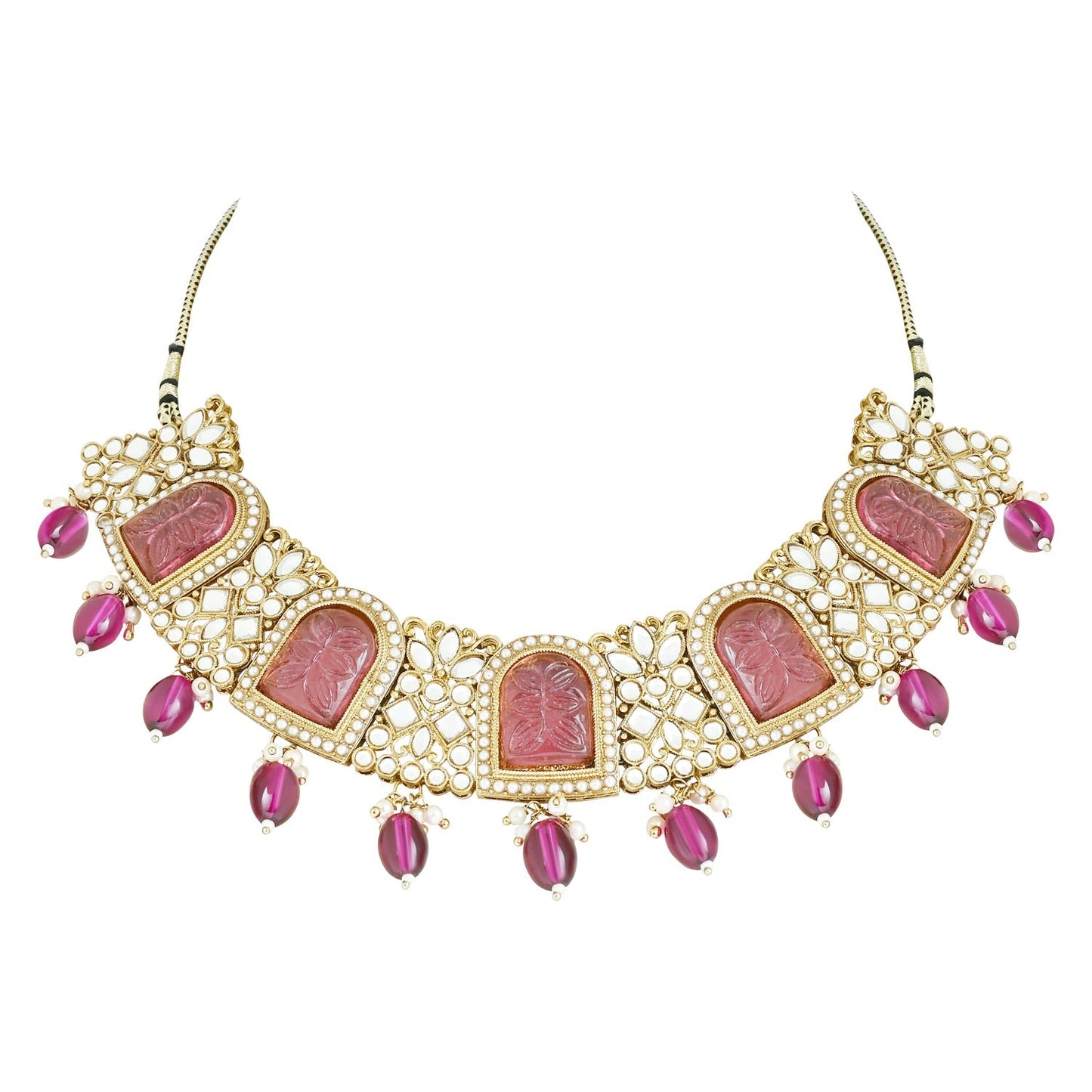 Women's 18k Gold Plated Traditional Pearl Kundan & Stone Studded Jewellery Necklace Set with Maang Tikka