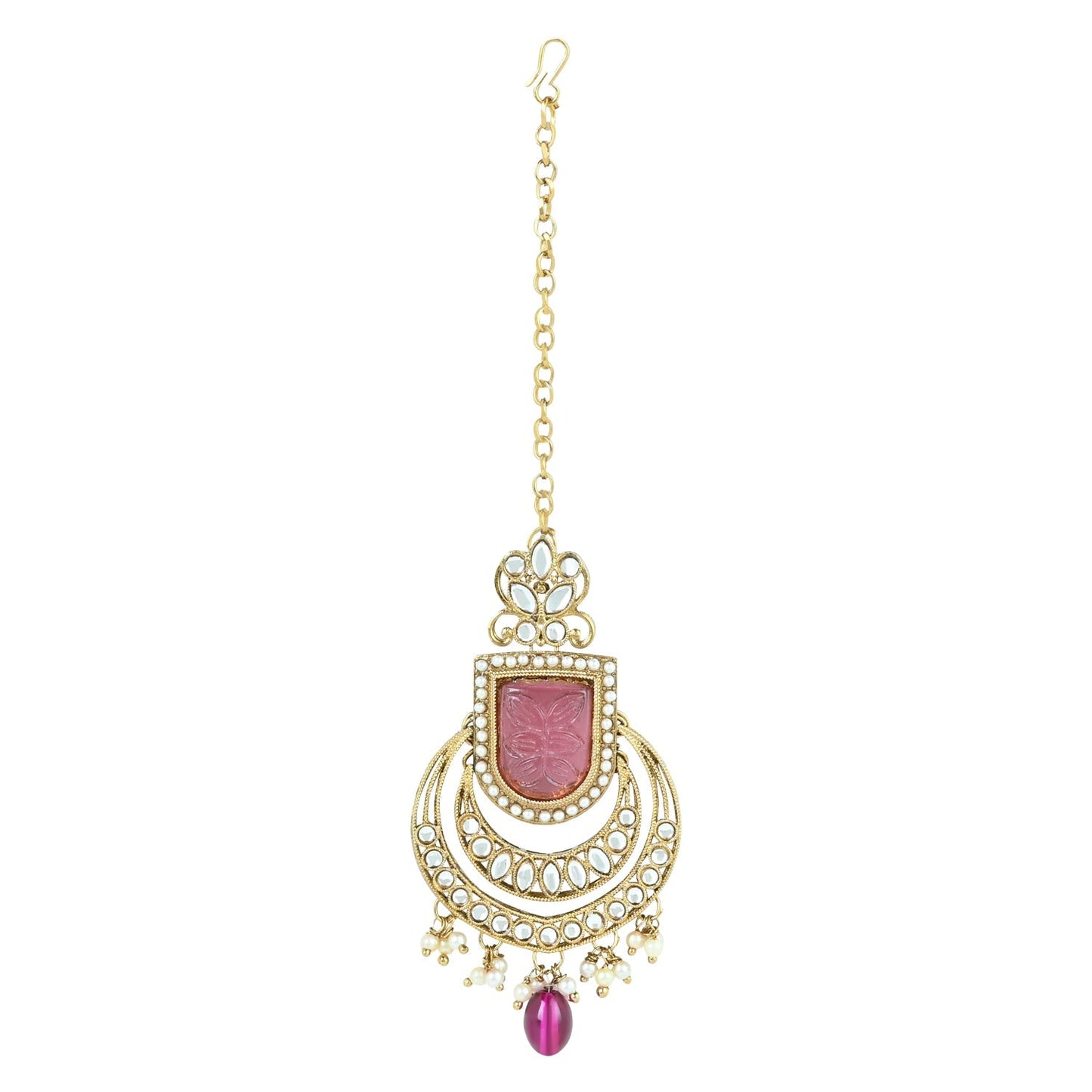 Women's 18k Gold Plated Traditional Pearl Kundan & Stone Studded Jewellery Necklace Set with Maang Tikka