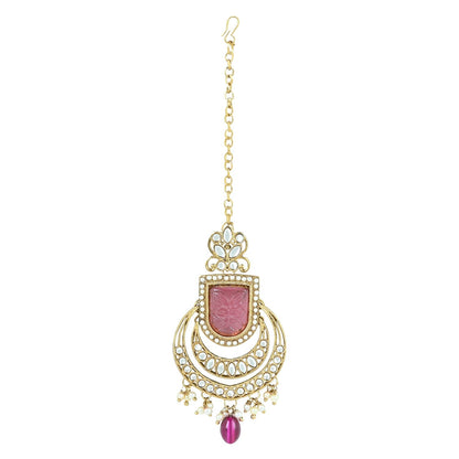 Women's 18k Gold Plated Traditional Pearl Kundan & Stone Studded Jewellery Necklace Set with Maang Tikka