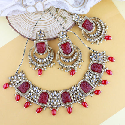 Women's 18k Gold Plated Traditional Red Pearl Kundan & Stone Studded Jewellery Necklace Set with Maang Tikka