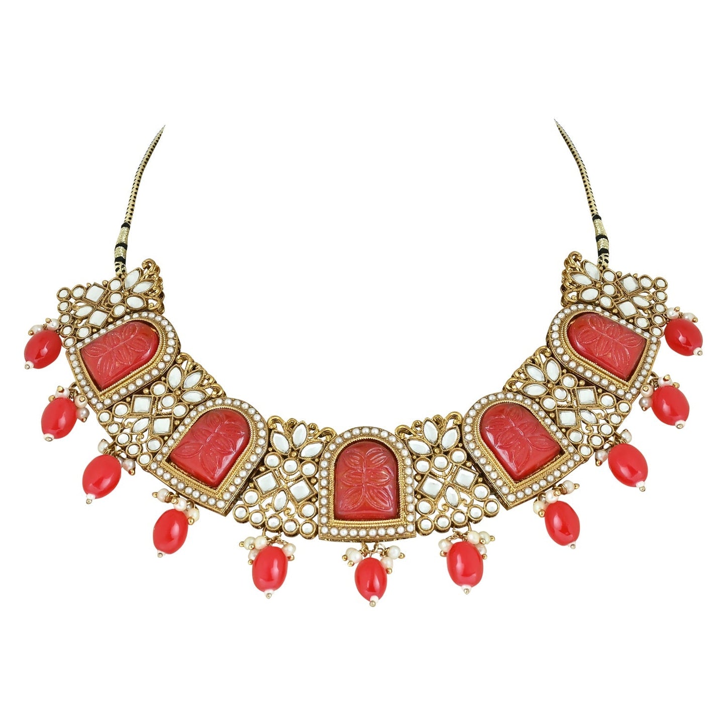 Women's 18k Gold Plated Traditional Red Pearl Kundan & Stone Studded Jewellery Necklace Set with Maang Tikka