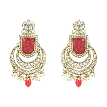 Women's 18k Gold Plated Traditional Red Pearl Kundan & Stone Studded Jewellery Necklace Set with Maang Tikka