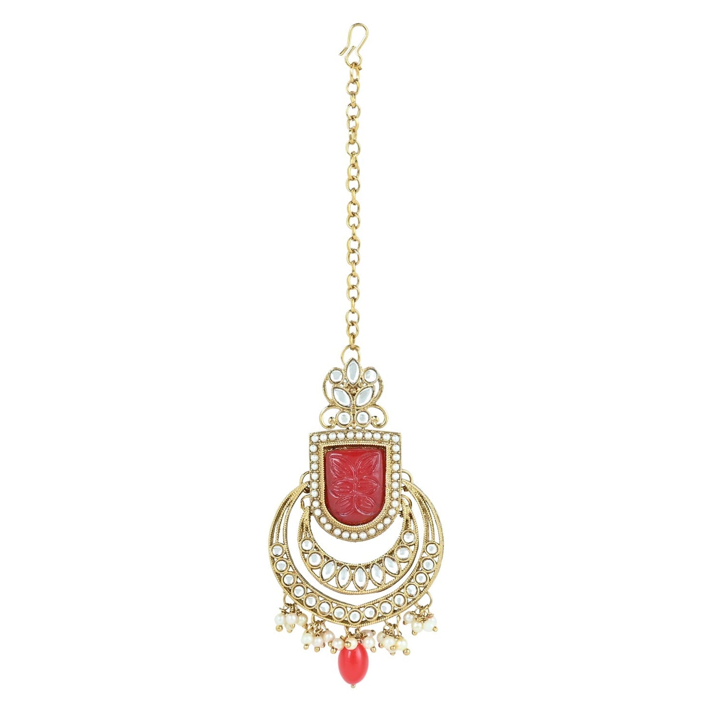 Women's 18k Gold Plated Traditional Red Pearl Kundan & Stone Studded Jewellery Necklace Set with Maang Tikka