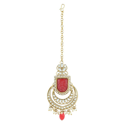 Women's 18k Gold Plated Traditional Red Pearl Kundan & Stone Studded Jewellery Necklace Set with Maang Tikka