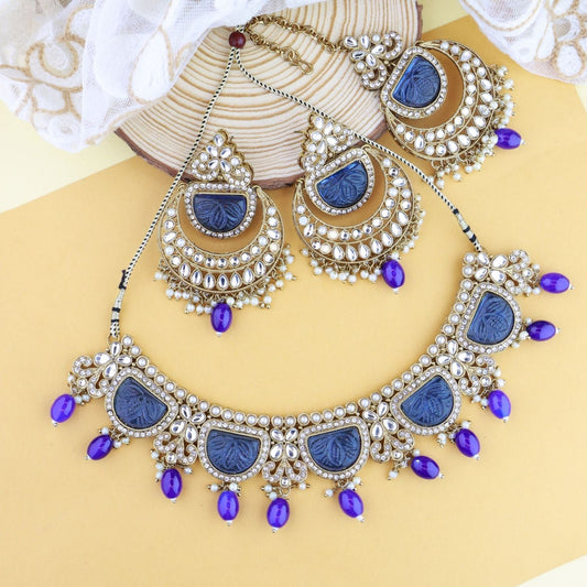 Women's 18k Gold Plated Traditional Pearl Kundan & Stone Studded Jewellery Necklace Set with Maang Tikka