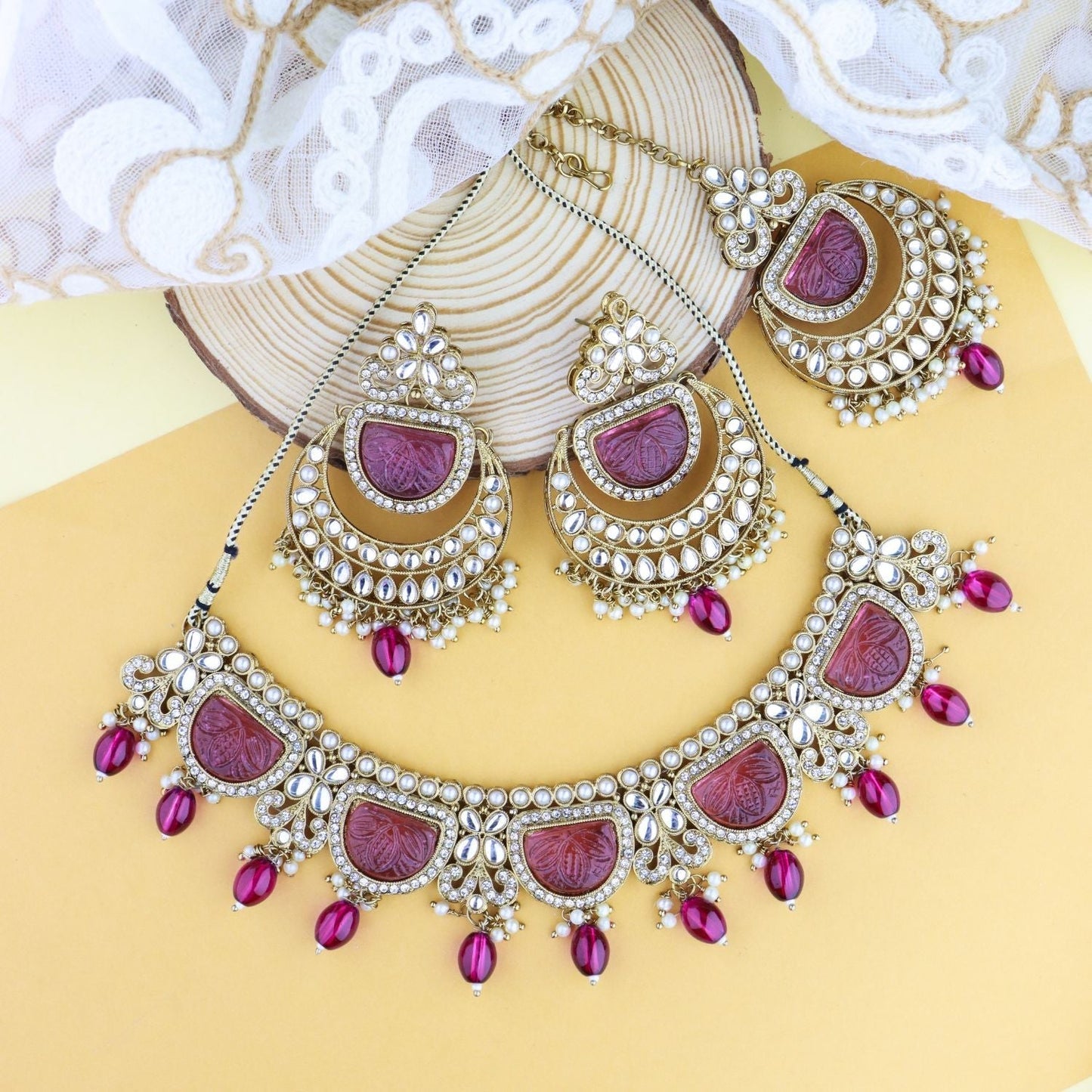 Women's 18k Gold Plated Traditional Pearl Kundan & Stone Studded Jewellery Necklace Set with Maang Tikka