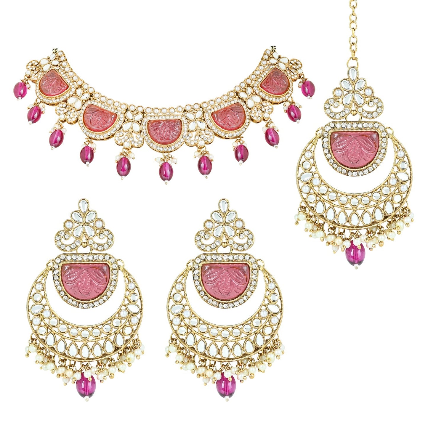 Women's 18k Gold Plated Traditional Pearl Kundan & Stone Studded Jewellery Necklace Set with Maang Tikka