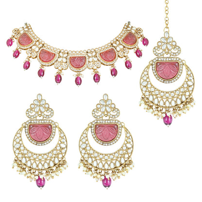 Women's 18k Gold Plated Traditional Pearl Kundan & Stone Studded Jewellery Necklace Set with Maang Tikka