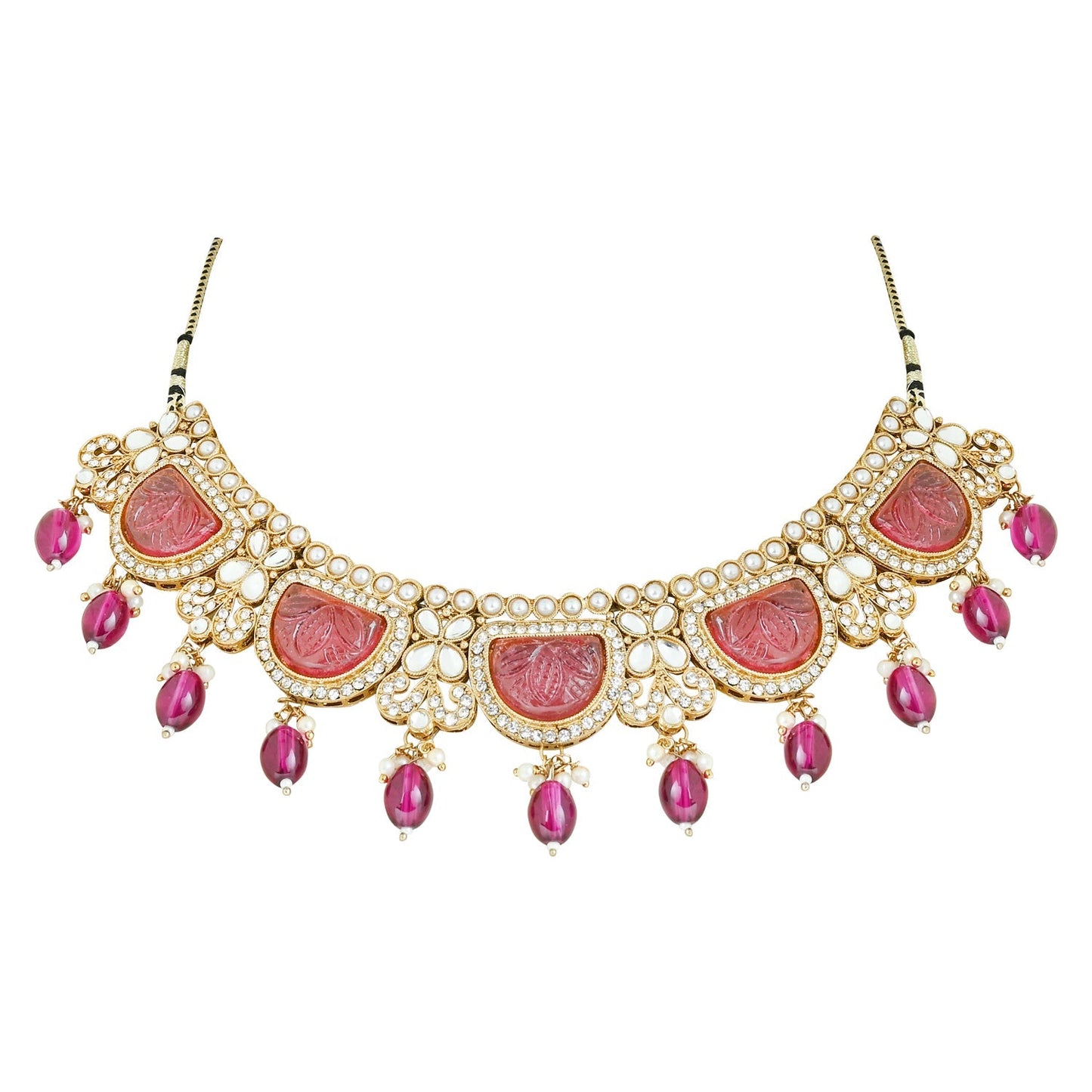 Women's 18k Gold Plated Traditional Pearl Kundan & Stone Studded Jewellery Necklace Set with Maang Tikka