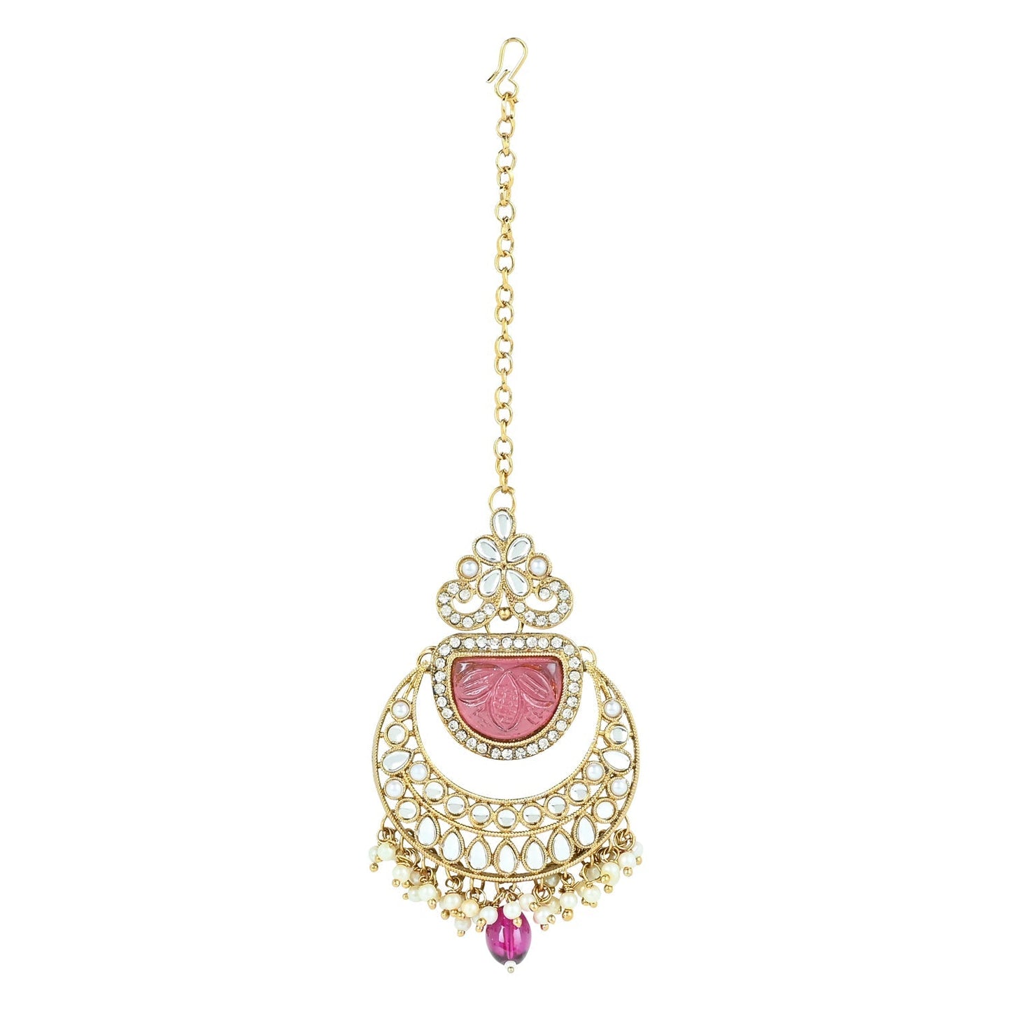 Women's 18k Gold Plated Traditional Pearl Kundan & Stone Studded Jewellery Necklace Set with Maang Tikka