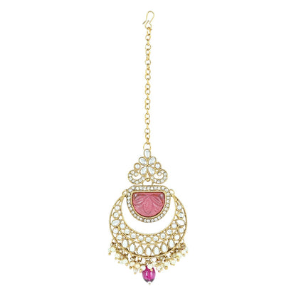 Women's 18k Gold Plated Traditional Pearl Kundan & Stone Studded Jewellery Necklace Set with Maang Tikka