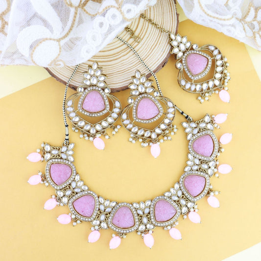 Women's 18k Gold Plated Traditional Pearl Kundan & Stone Studded Jewellery Necklace Set with Maang Tikka