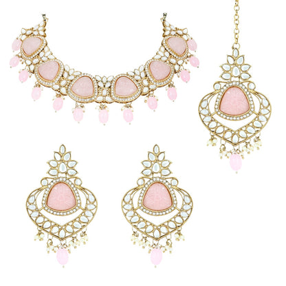 Women's 18k Gold Plated Traditional Pearl Kundan & Stone Studded Jewellery Necklace Set with Maang Tikka