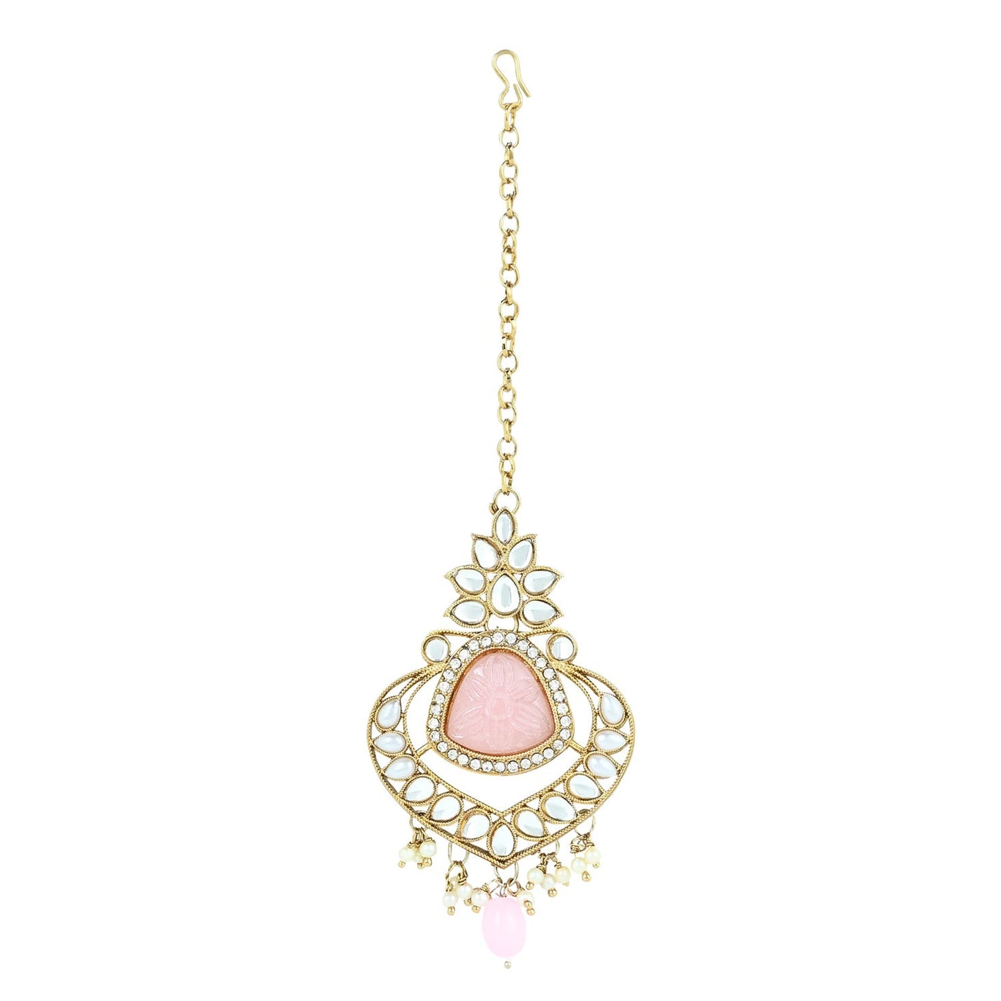 Women's 18k Gold Plated Traditional Pearl Kundan & Stone Studded Jewellery Necklace Set with Maang Tikka
