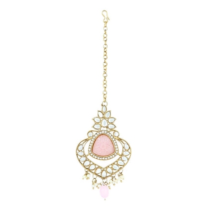 Women's 18k Gold Plated Traditional Pearl Kundan & Stone Studded Jewellery Necklace Set with Maang Tikka