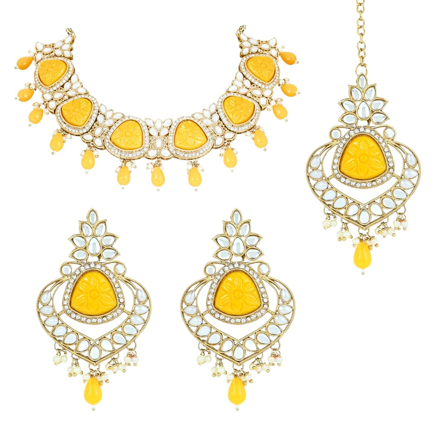 Women's 18k Gold Plated Traditional Pearl Kundan & Stone Studded Jewellery Necklace Set with Maang Tikka